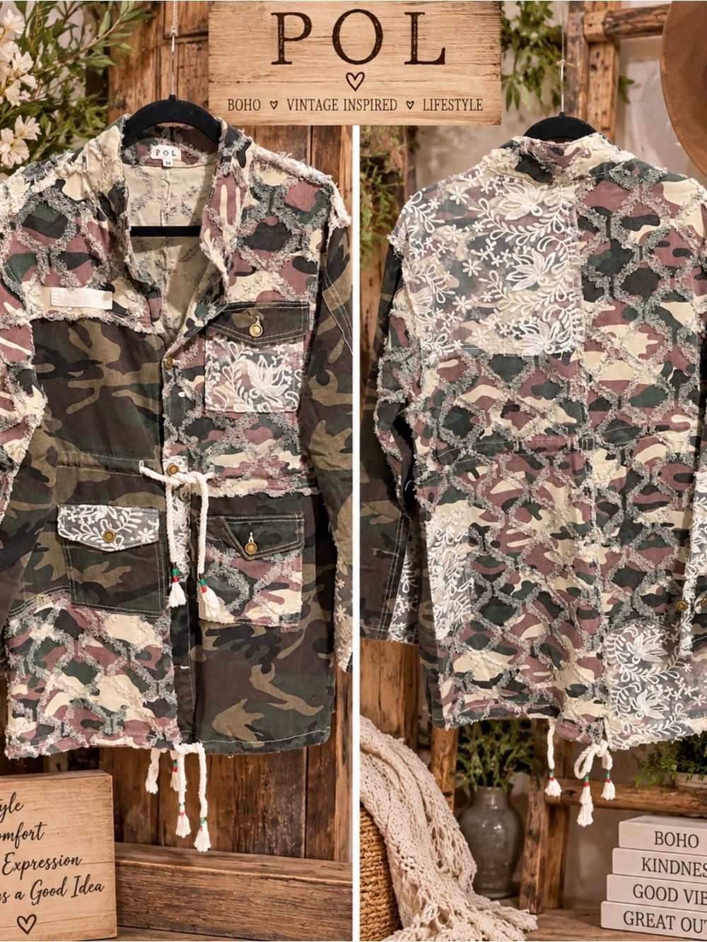 POL WYT84 Camo Patchwork Lace Distressed Boho Parka Shacket Jacket M -NWOT - Picture 3 of 3